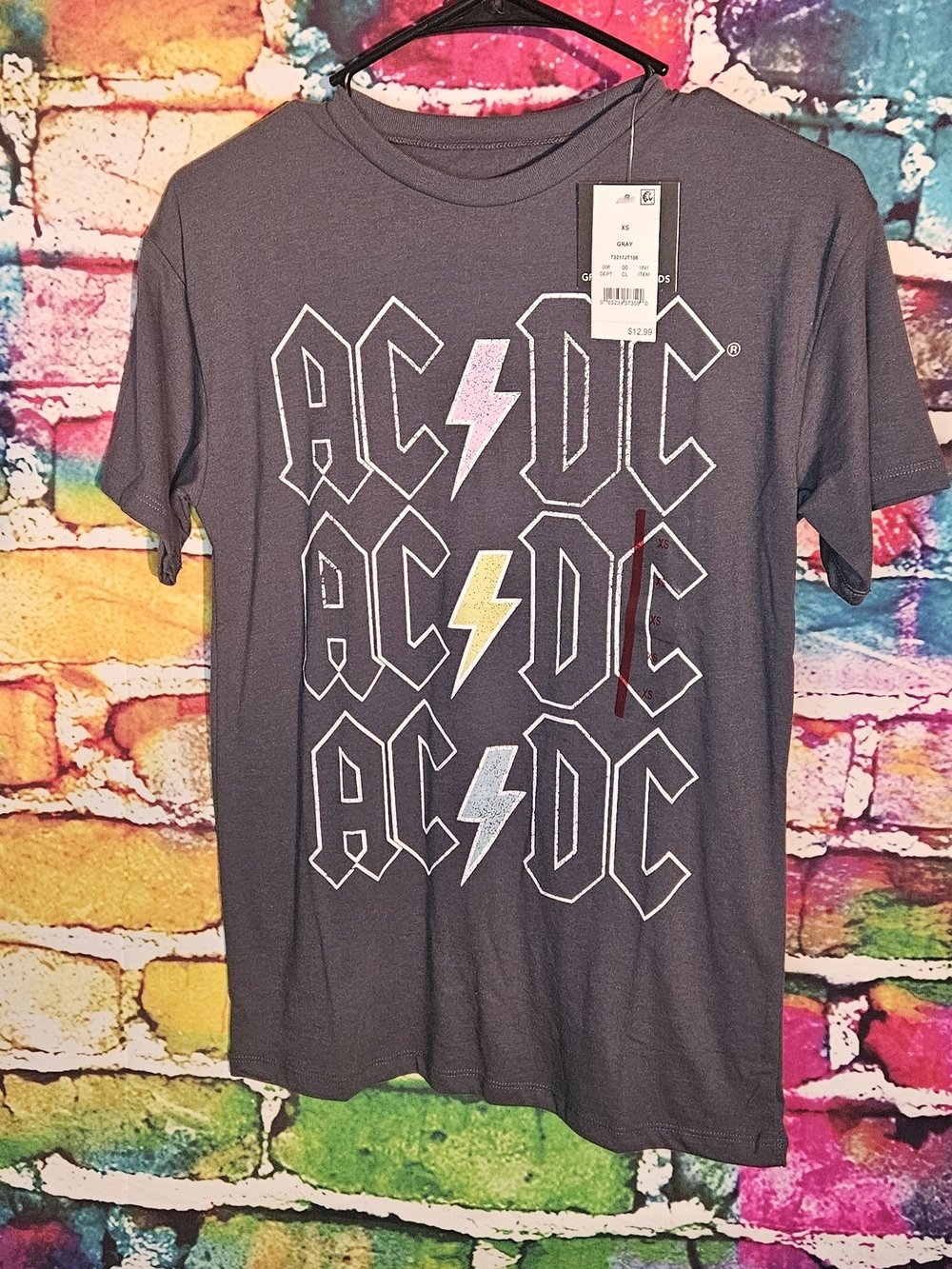 AC/DC Gray Tee with Pink Yellow and Silver Lightning Bolts